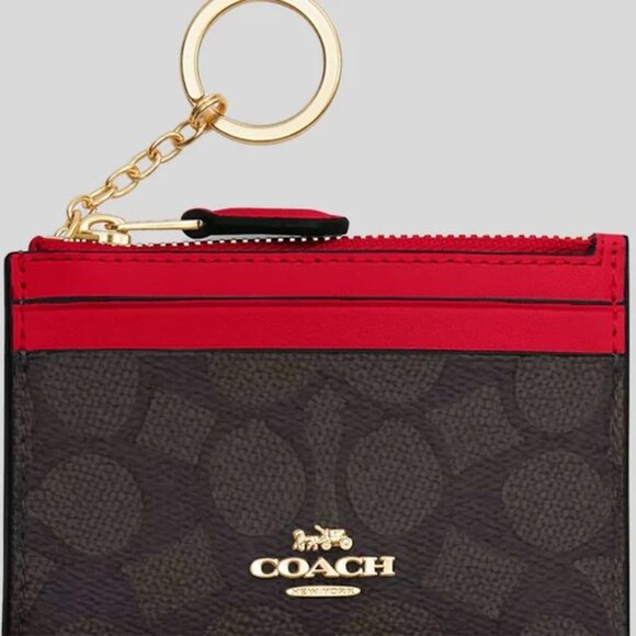 Coach Mini Skinny Id Case Signature Canvas Gold Walnut Bold Red - Picture 2 of 6